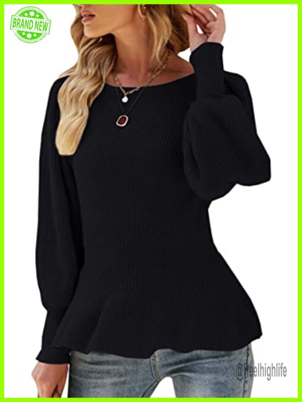 Puff Sleeve Peplum Babydoll Knit Pullover Sweater Slim Fit Crew Neck